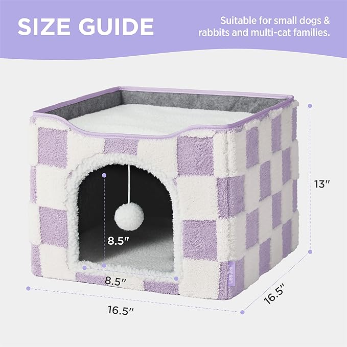 Lesure Indoor Cat Beds Kitten House - Large Cat Cave for Pet Cube with Fluffy Ball Hanging, Foldable Small Animal Hideaway, 16.5x16.5x13 inches, Lavender Checks