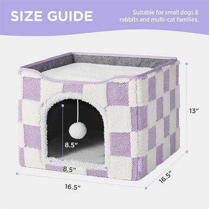 Lesure Indoor Cat Beds Kitten House - Large Cat Cave for Pet Cube with Fluffy Ball Hanging, Foldable Small Animal Hideaway, 16.5x16.5x13 inches, Lavender Checks