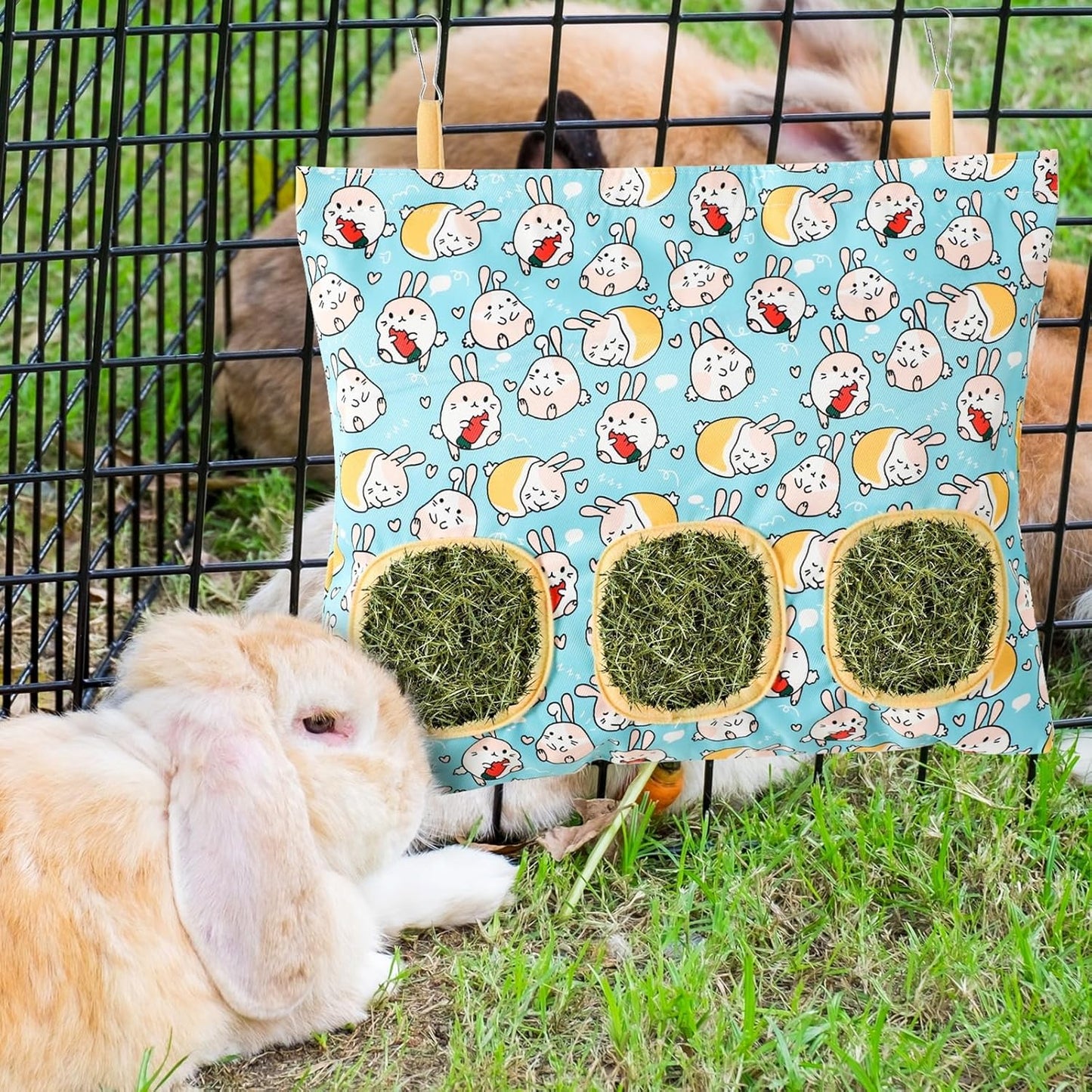 UPINS 2 Hay Bag for Rabbits 3-Hole Hanging Hay Feeder Guinea Pig Hay Bags, Hay Feeder for Rabbits Chinchillas Hamsters Small Pets and Animals
