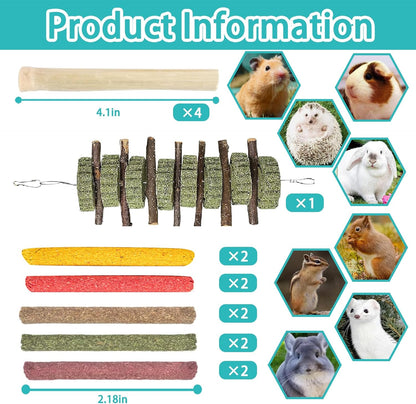 QWR 23 PCS Natural Wooden Rabbit Toys,Safe Bunny Chew Toys for Teeth,Grass Timothy Sticks,Sweet Bamboo,Guinea Pigs Teeth Grinding Toys for Chinchillas, Hamsters & Small Animals - Indoor & Outdoor