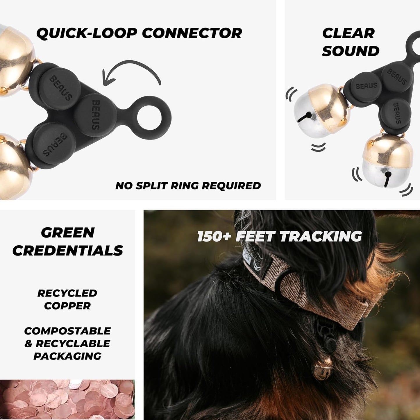 Beau's Bells V2 | Cat & Dog Collar Bells with New Quick Loop Easy Release Clip | Handmade Copper | Track Your Pet | Protect Wildlife