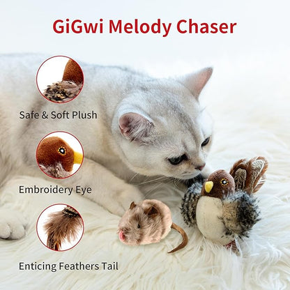 PETGEEK Gigwi Chirping Bird Cat Toy, Fake Simulated Toys for Indoor Cats, Melody Chaser Toys with Hanging Loop for Bored Indoor Adult Cats Kittens Interactive Play (Bird Mouse Set)
