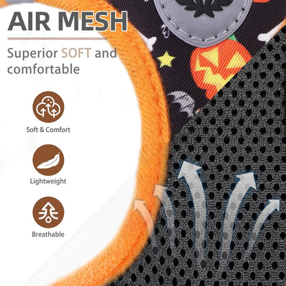 PUPTECK Adjustable Dog Harness Collar and Leash Set Step in No Pull Pet Harness for Small Medium Dogs Puppy and Cats Outdoor Walking Running, Soft Mesh Padded Reflective Vest Harnesses, Halloween, S