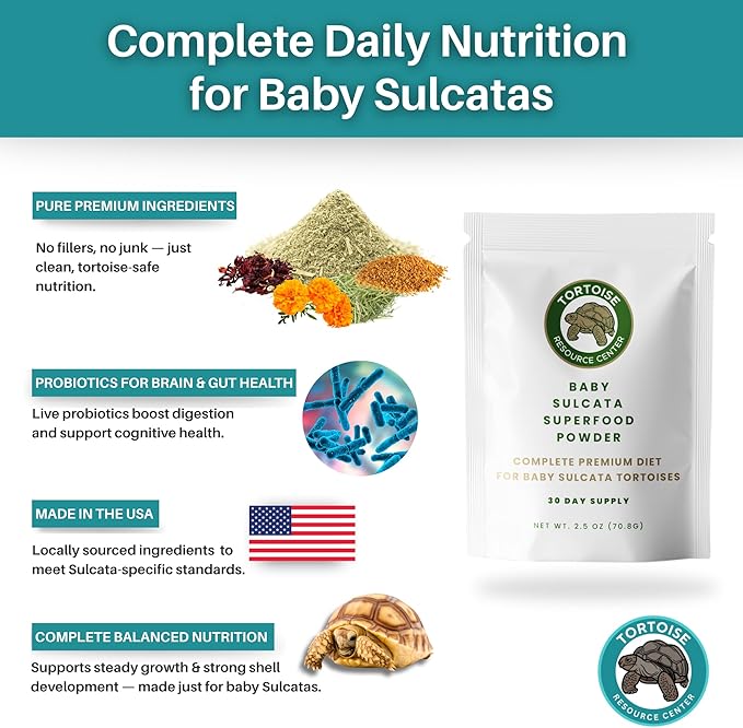 Premium Baby Sulcata Tortoise Food Powder with Calcium | Complete Diet for Baby Sulcata Tortoises | High Fiber, Low Protein with Probiotics for Growth & Shell Health | 4.5 oz Bag | 30-Day Supply