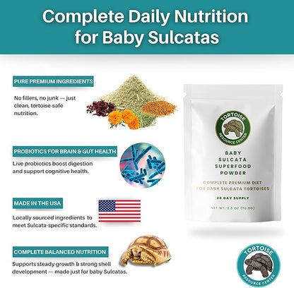 Premium Baby Sulcata Tortoise Food Powder with Calcium | Complete Diet for Baby Sulcata Tortoises | High Fiber, Low Protein with Probiotics for Growth & Shell Health | 4.5 oz Bag | 30-Day Supply