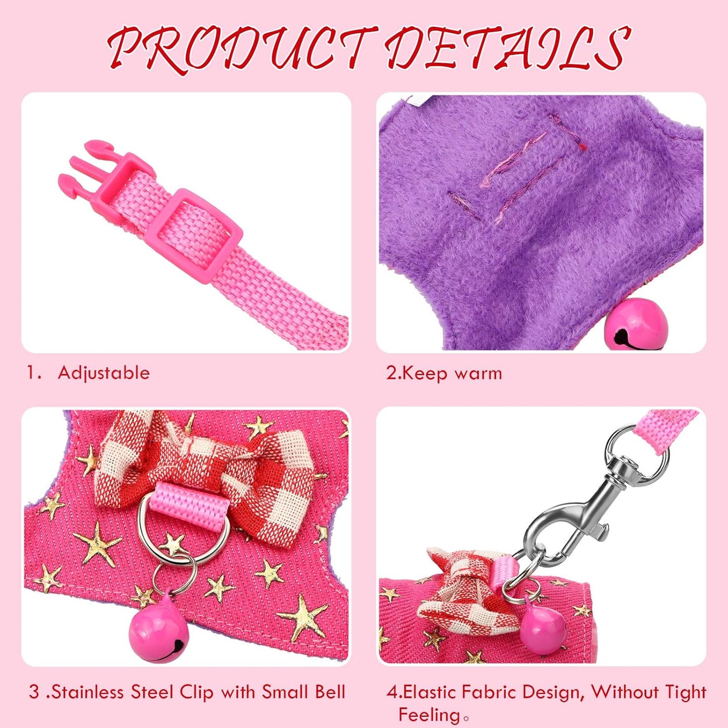 SATINIOR 2 Pieces Small Hamster Harness and Leash Set, Ferret Guinea Pig Clothes with Bowknot and Bell Decor, No Pulling Comfort Padded Vest Striped for Rats Bunny Rabbit Small Animals(S,Black, Pink)