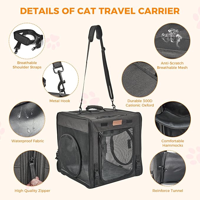PETUX 2-in-1 Double Cat Carrier for Multiple Cats - Large Cat Travel Carrier with Litter Box, Play Tunnels, and Hammock - Portable Pet Carriers for Long Car Trips ＆ Vet Visit (34"x17"x17", Black)