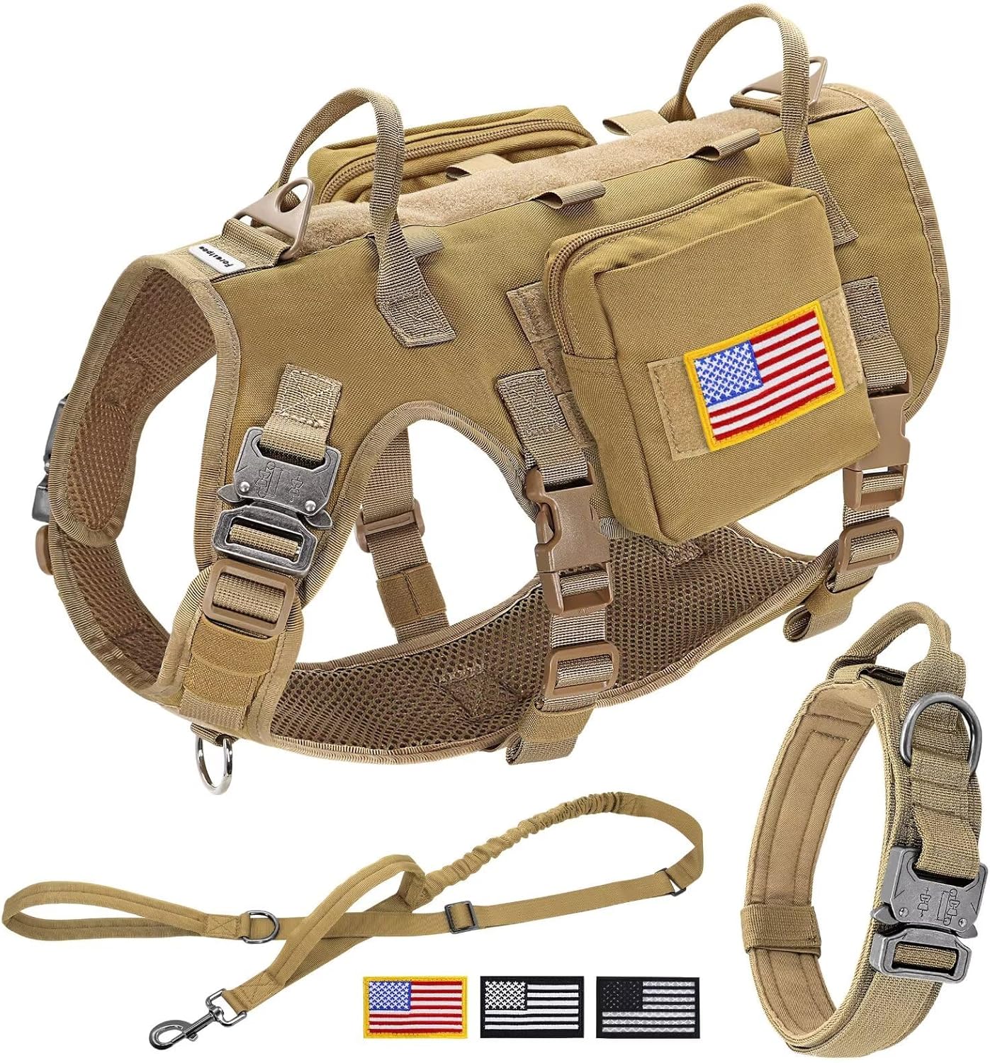 Forestpaw Tactical Dog Harness for Large Dogs,Tactical Dog Collar with Bungee Leash Set,No Pull Military Dog Harness for Walking Training,Adjustable for Medium Large Dogs,Khaki,Chest 19.5-41.5"