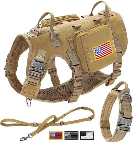Forestpaw Tactical Dog Harness for Large Dogs,Tactical Dog Collar with Bungee Leash Set,No Pull Military Dog Harness for Walking Training,Adjustable for Medium Large Dogs,Khaki,Chest 19.5-41.5"
