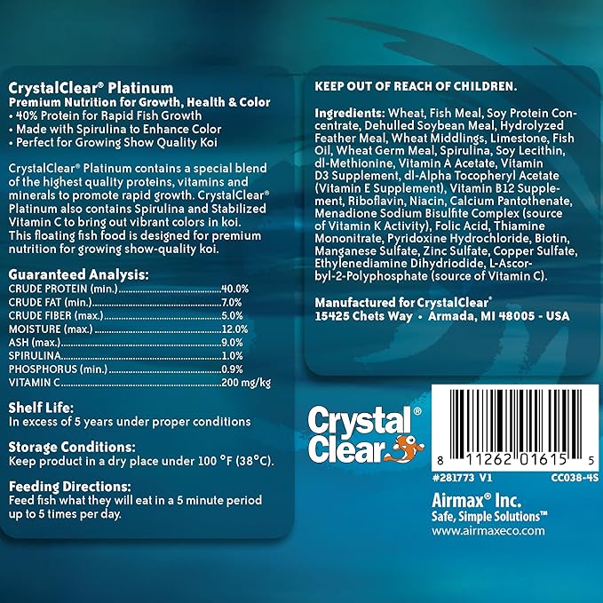 CrystalClear Platinum Fish Food, Premium Floating Pellets for Koi & Goldfish – Boost Growth, Color, and Wellness in Backyard Ponds & Water Gardens, 3mm Pellets, 4.4 Pounds