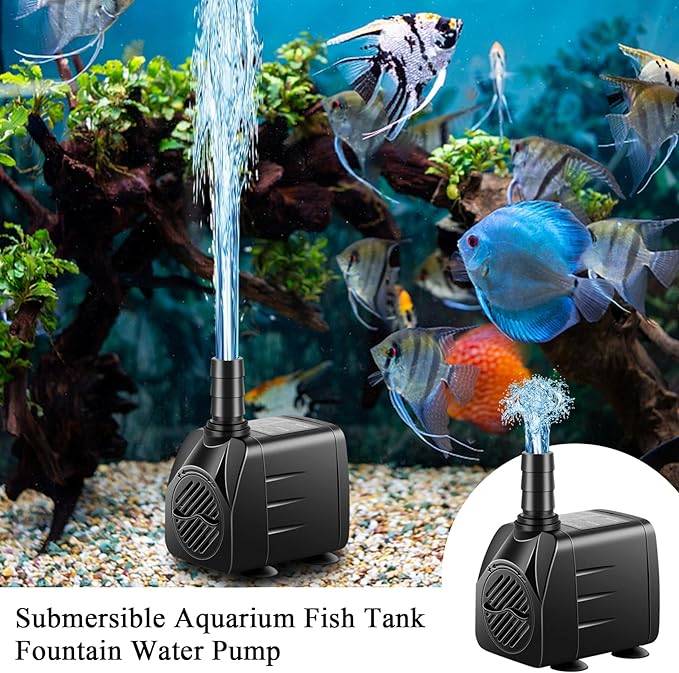 Submersible Pump, Small Fountain Pump with Tubing, Submersible Water Pump for Aquarium Fish Tank Indoor or Outdoor Pond Fountain Hydroponics Statuary (10W 160GPH, No Led Light)