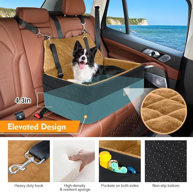 Dog Car Seat for Large Medium Dogs,Washable Pet Car Seat Under 55 lbs or 2 Small Dogs,Dog Booster Seat with Thick Cushion,2 Safety Leashes Travel Car Dog Bed