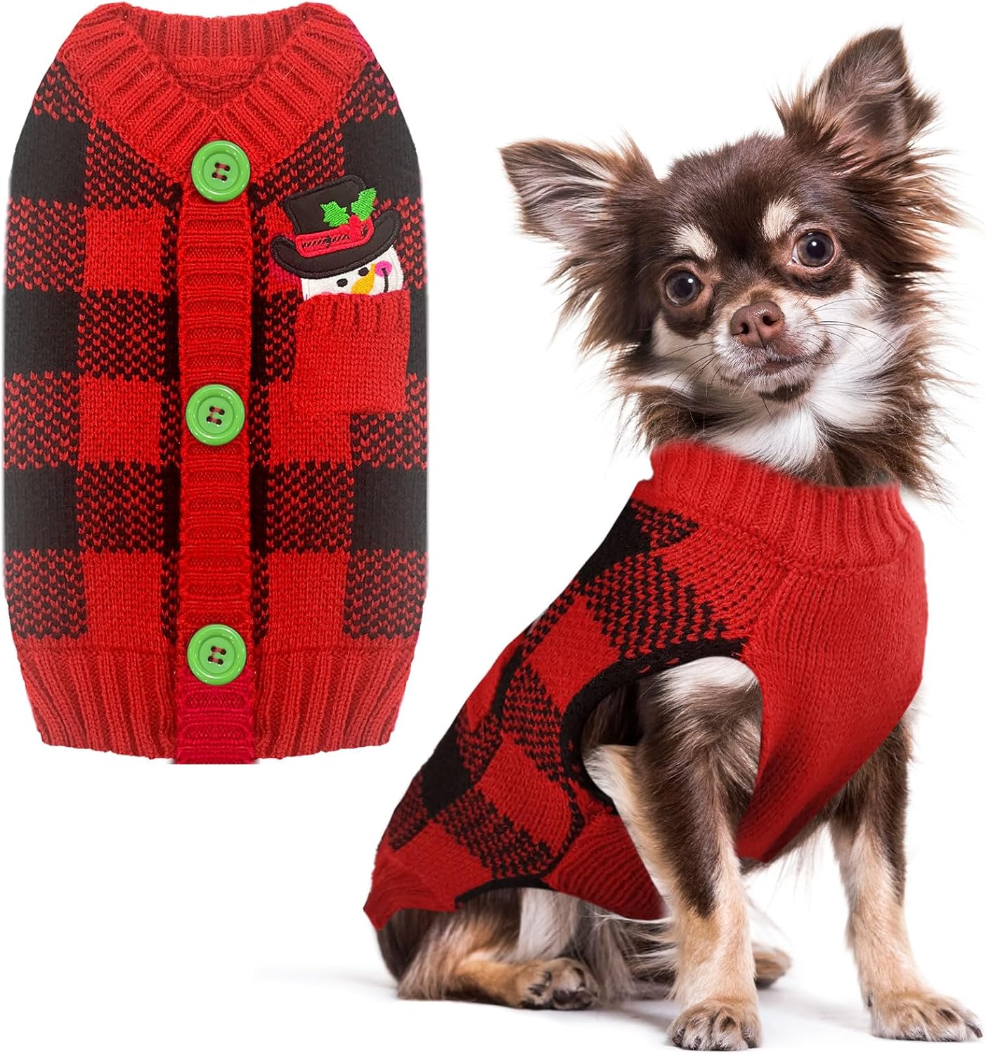 PETCARE Dog Christmas Sweater V-Neck Warm Knitted Puppy Sweaters Vest Cute Red Plaid Snowman Xmas Clothes Outfit for Small Medium Large Dogs Cat Pet Pullover (Decorative Buttons. Can't Untie)