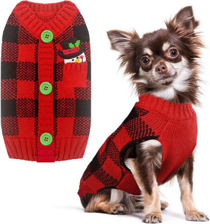 PETCARE Dog Christmas Sweater V-Neck Warm Knitted Puppy Sweaters Vest Cute Red Plaid Snowman Xmas Clothes Outfit for Small Medium Large Dogs Cat Pet Pullover (Decorative Buttons. Can't Untie)