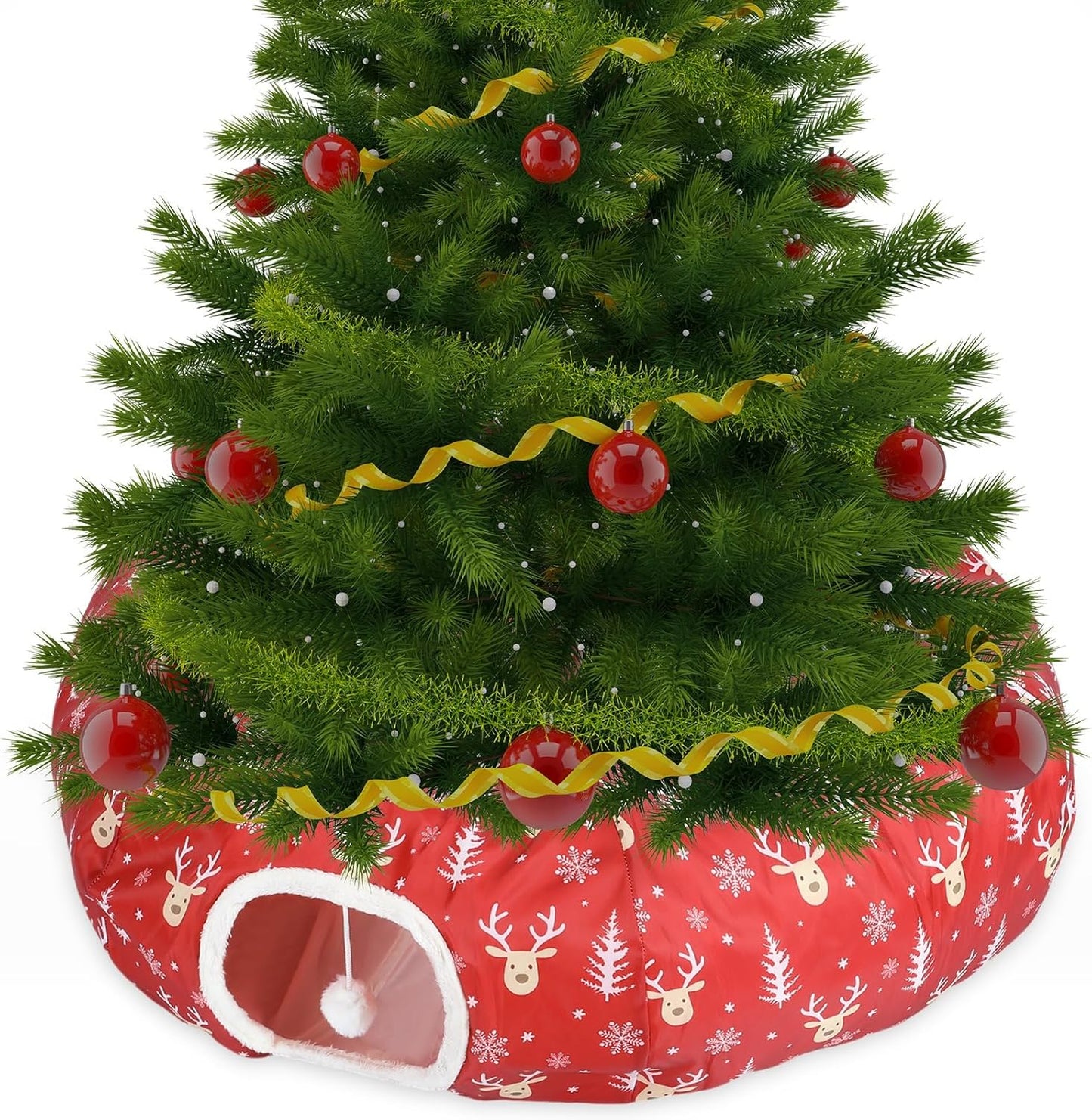Christmas Cat Tunnel Bed for Indoor Cats Under Christmas Tree Skirt Tube with Hanging Ball Plush Cat Cave, Washable Holiday Pet Gift Toy & Gift for Kittens(Elk)