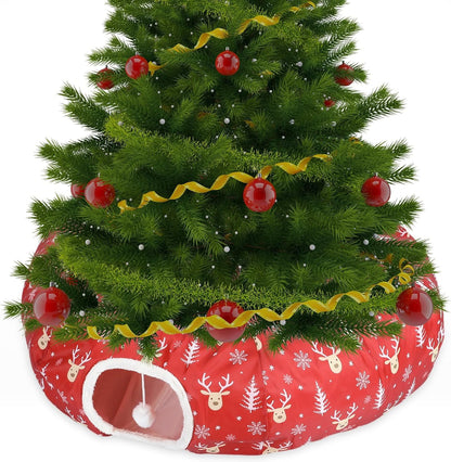 Christmas Cat Tunnel Bed for Indoor Cats Under Christmas Tree Skirt Tube with Hanging Ball Plush Cat Cave, Washable Holiday Pet Gift Toy & Gift for Kittens(Elk)