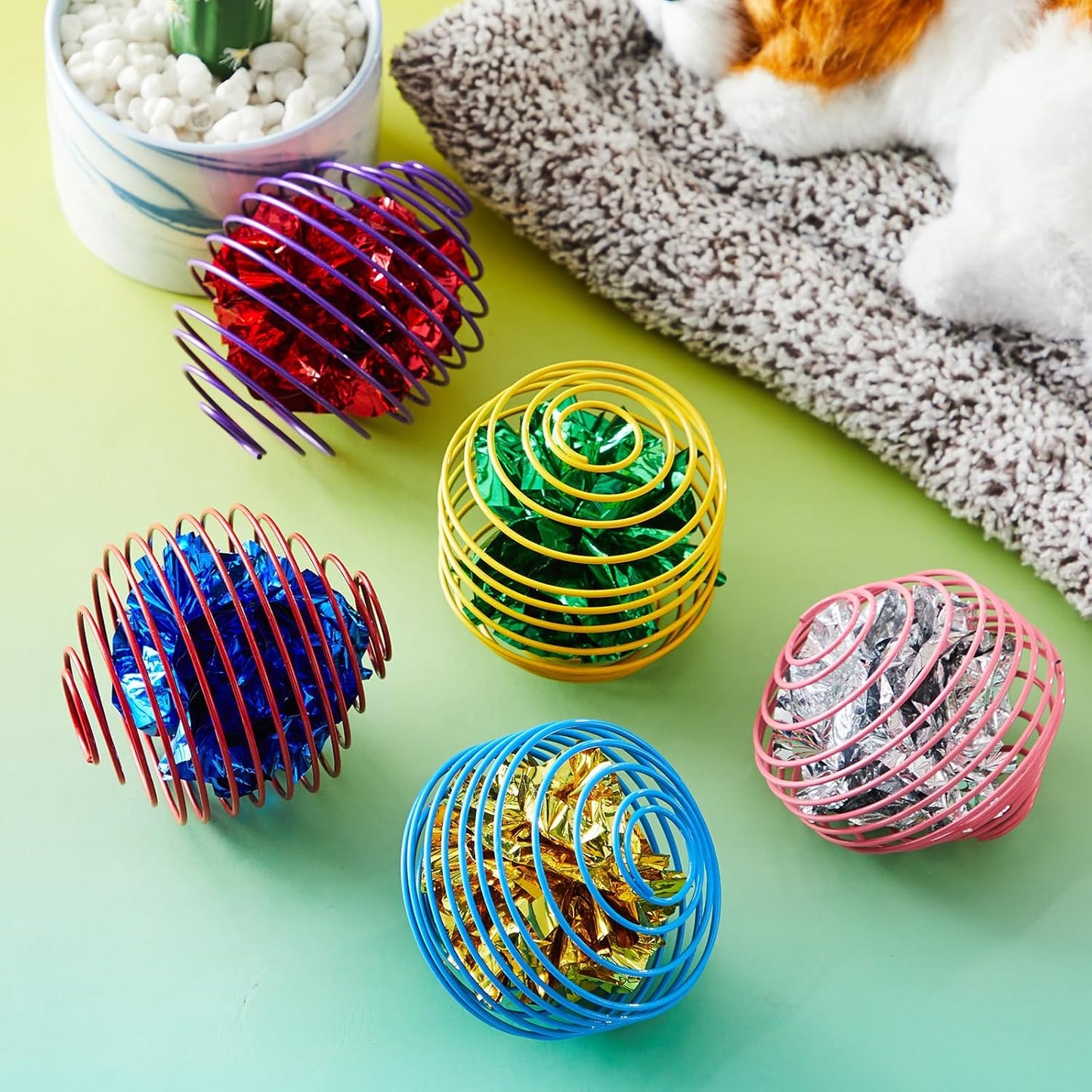 Jecery 5 Pcs Halloween Cat Spring Balls Toys Stretchable Rolling Balls Colorful Playful Coils Interactive Spring Action Toy Caged Rats for Kitten Cat Pet Supplies(Crinkle Ball,Multicolor,5 Pcs)
