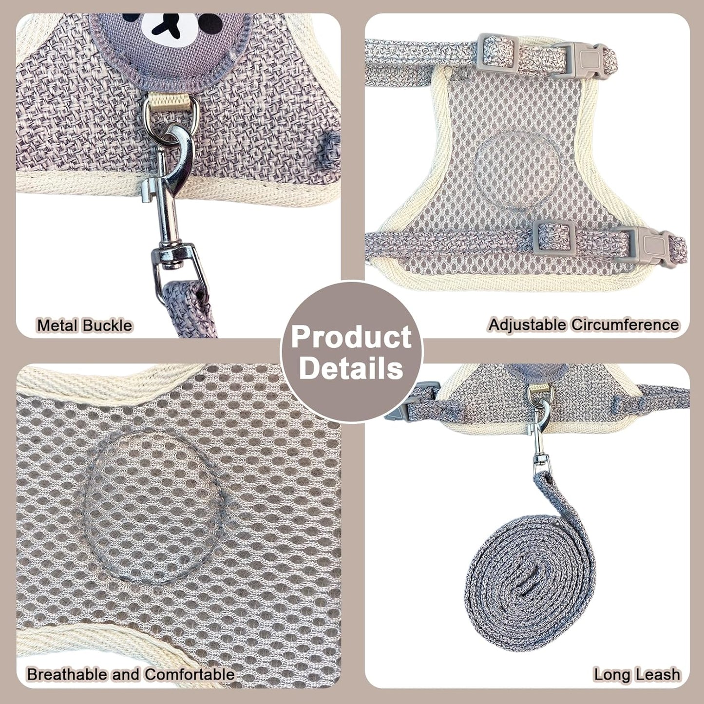 2-Pack Rabbit Harness and Leash Set – Adjustable Small Animal Vest Harness with Safety Buckle – Breathable & Lightweight – Ideal for Rabbits, Ferrets, Guinea Pigs, and Cats (Grey)