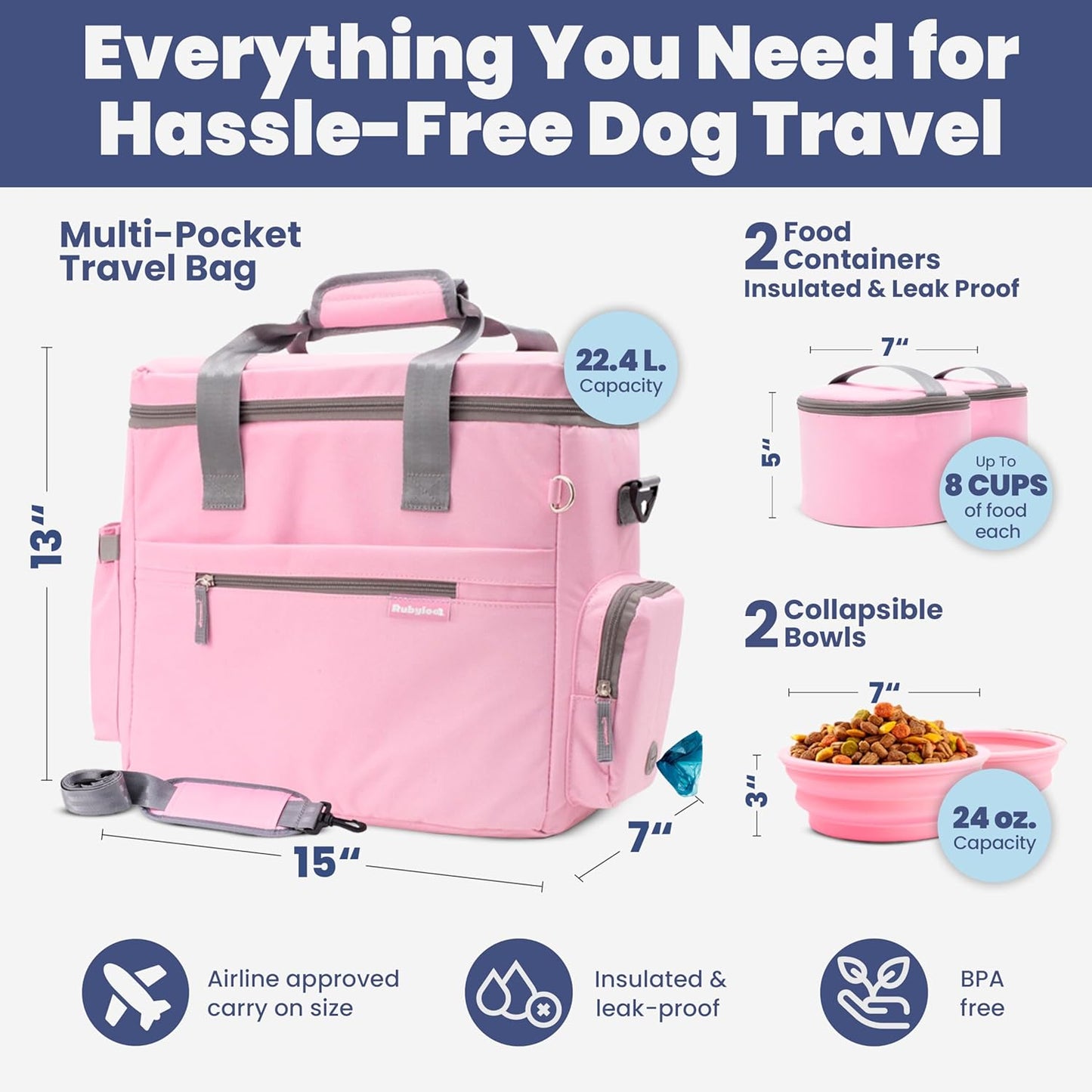 The Original Doggy Bag™- Dog Travel Bag for Supplies - Ultimate Gift for Dog Moms & Dads, Doggy Lovers & Pet Owners for Christmas- Includes 2 BPA-Free Travel Bowls and 2 Food Containers: Lt. Pink