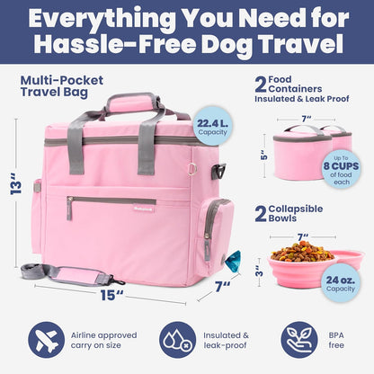 The Original Doggy Bag™- Dog Travel Bag for Supplies - Ultimate Gift for Dog Moms & Dads, Doggy Lovers & Pet Owners for Christmas- Includes 2 BPA-Free Travel Bowls and 2 Food Containers: Lt. Pink
