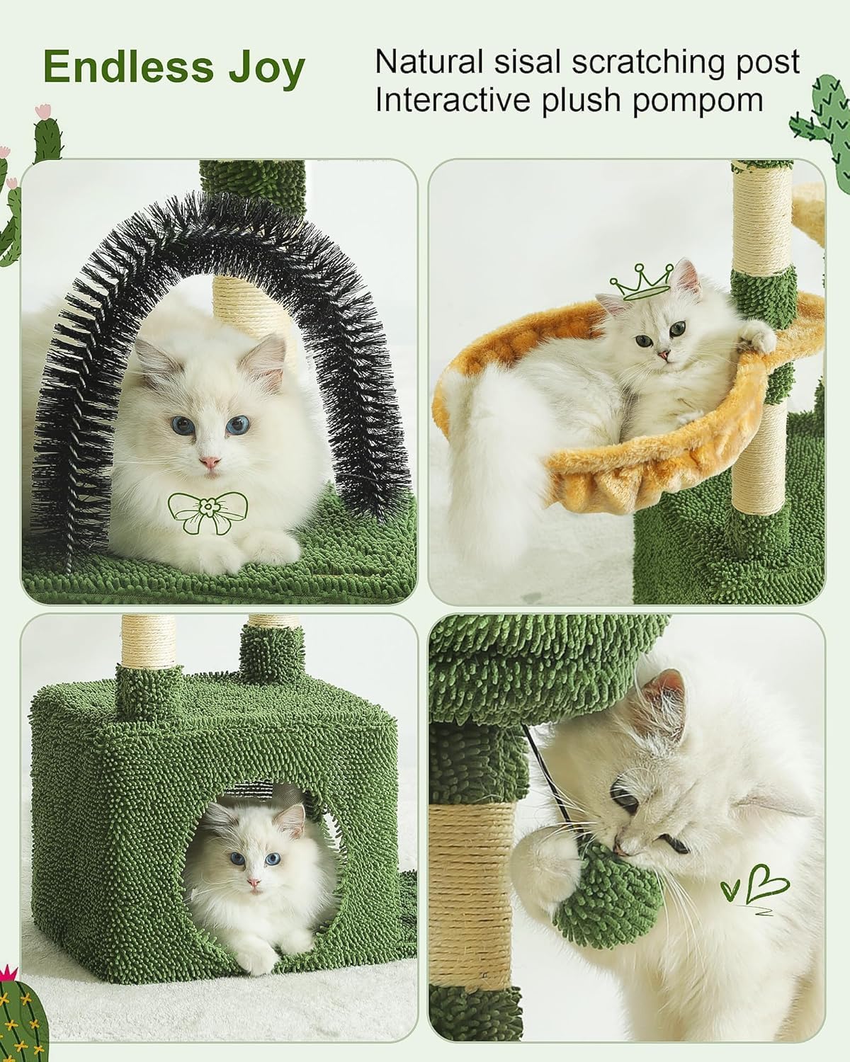 HOOPET 32IN Cactus Cat Tree for Indoor Cats - Multi-Level Cat Tower with Hammock, Condo, Scratching Posts, Self-Grooming Brush & Play Ball - Space-Saving Cat Furniture for Small Apartments