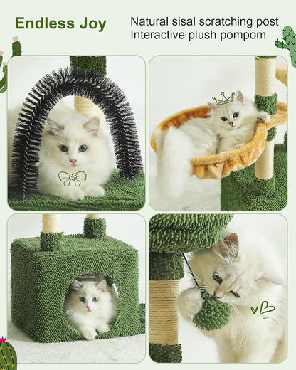 HOOPET 32IN Cactus Cat Tree for Indoor Cats - Multi-Level Cat Tower with Hammock, Condo, Scratching Posts, Self-Grooming Brush & Play Ball - Space-Saving Cat Furniture for Small Apartments