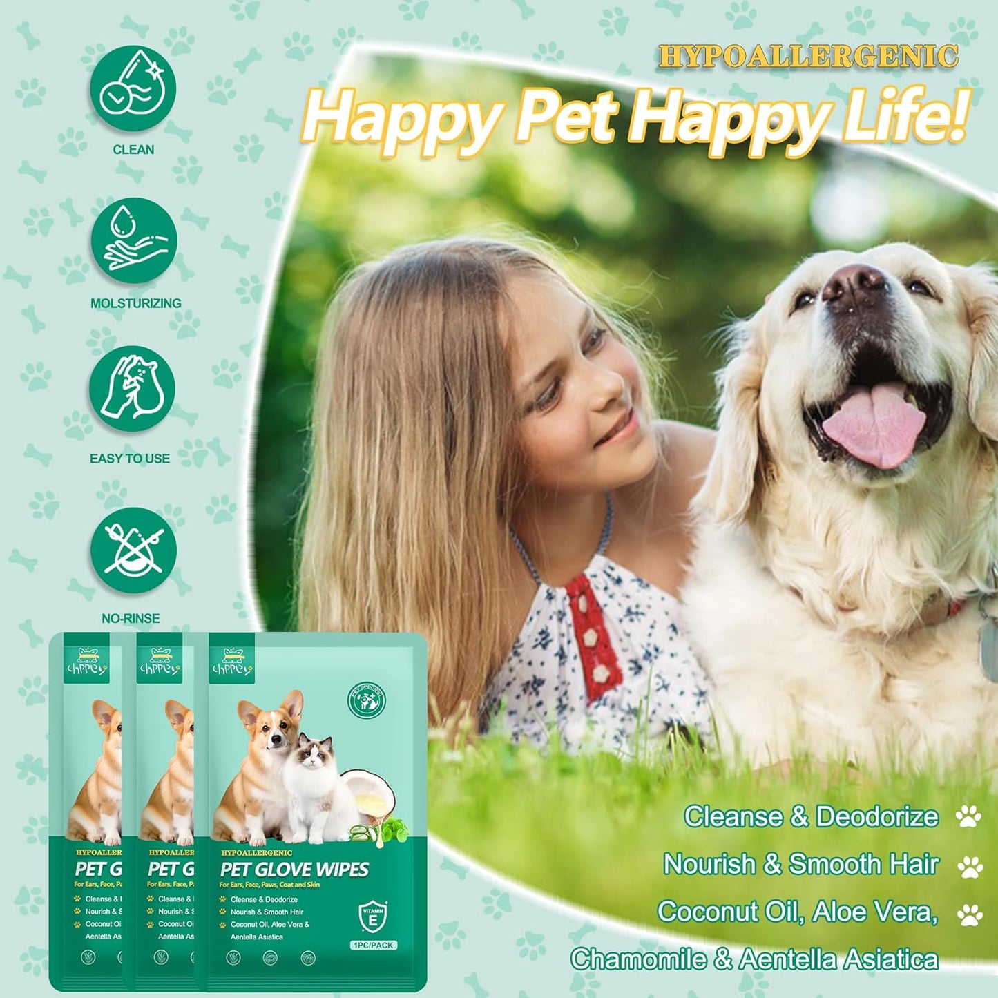 10 PCS Pet Cleaning and Deodorizing Bathing Grooming Glove Wipes for Dogs and Cats, Extra Thick Nourish Fur No-Rinse Grooming Wipes for Daily Care and Travel, Hypoallergenic