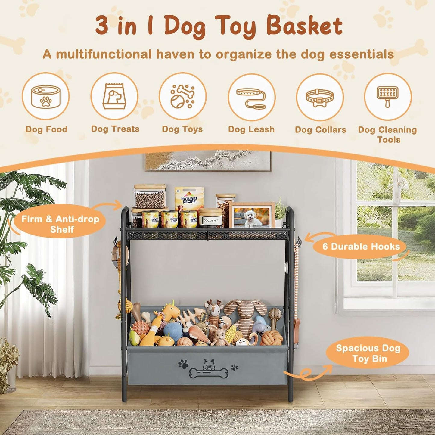 Large Dog Toy Basket, Dog Toy Bin with Storage Organizer, Trapezoid Dog Toy Box for Dog Stuff, Toy Holder Chest for Pet Dog Cat, Dog Essentials for Dog Accessories, Dog Gift Basket Living Room