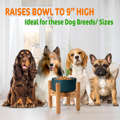 Dog Bowl Stand (9-inch Tall) for Medium Breeds - Use to Raise, Elevate Dog Food/Water Single Bowls and Feeders, Adjustable - Bamboo