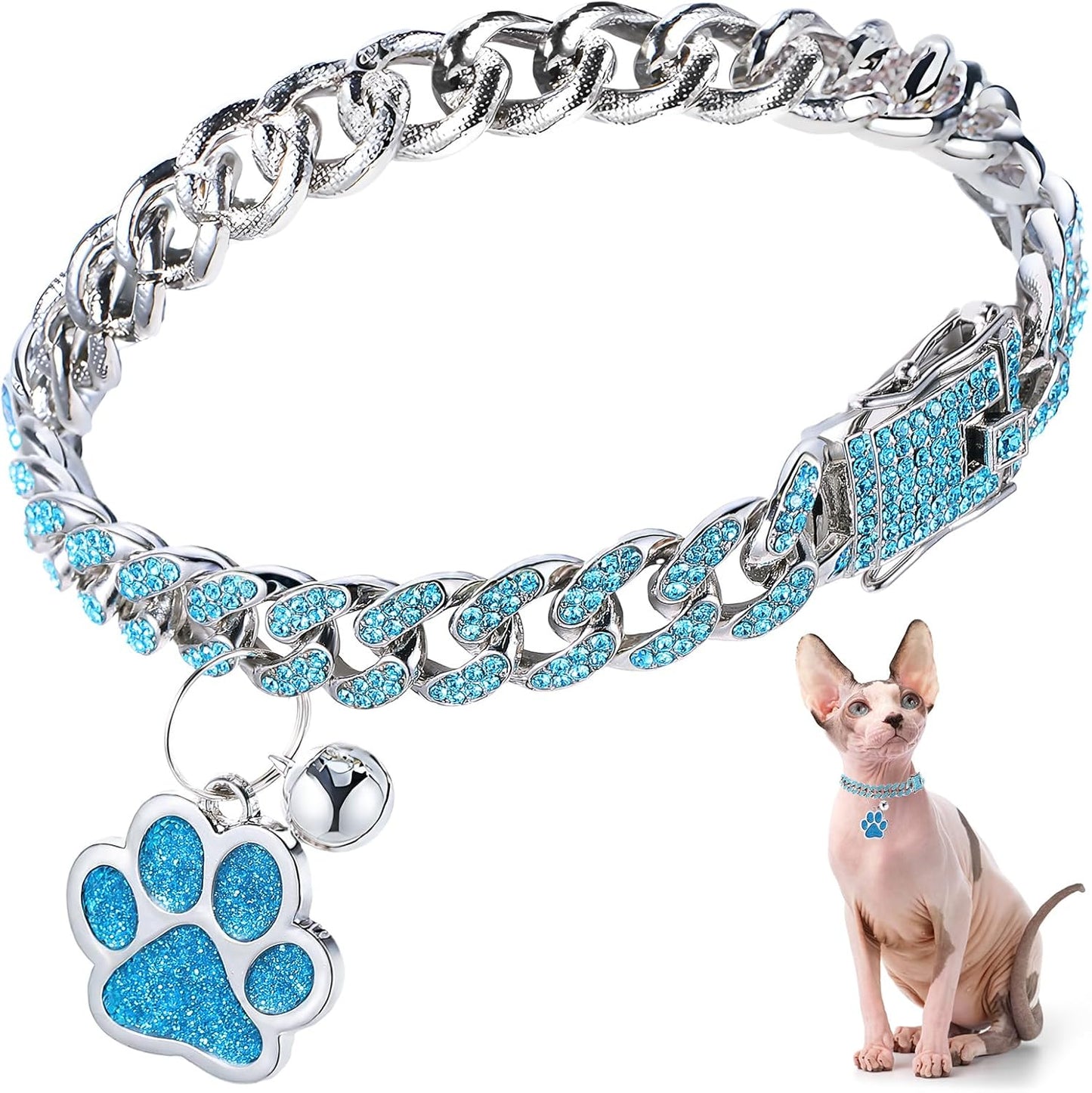 Hillban Cat Collar Diamond Chain Glitter Collar Walking Metal with Secure Buckle Cat Pet Necklace with Paw Charm and ID Tag Bell Link Cuban Jewelry Accessories(10 Inch,Silver,Lake Blue)