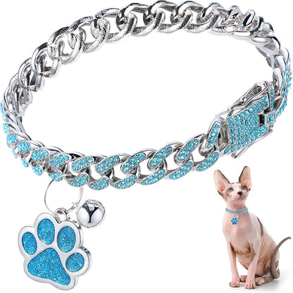 Hillban Cat Collar Diamond Chain Glitter Collar Walking Metal with Secure Buckle Cat Pet Necklace with Paw Charm and ID Tag Bell Link Cuban Jewelry Accessories(10 Inch,Silver,Lake Blue)