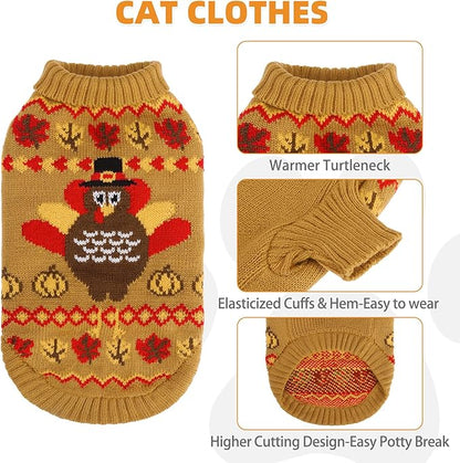 KOOLTAIL Thanksgiving Cat Sweater Turtleneck - Soft Knit Cat Sweaters for Cats Only, Turkey Pattern Thick Warm Winter Cold Weather Pet Clothes for Small Medium Large Kitten Puppy Boys Girls, Brown M