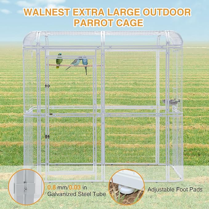 Large Walk-in Cage 87-inch Heavy Duty Bird Cage Outdoor Aviary Parrot Cage Wide Flight Metal Birdcage with Stand for Macaw Budgie Conure Lovebird Parakeet Cockatiel, 7.22x5.25x6.8ft, White