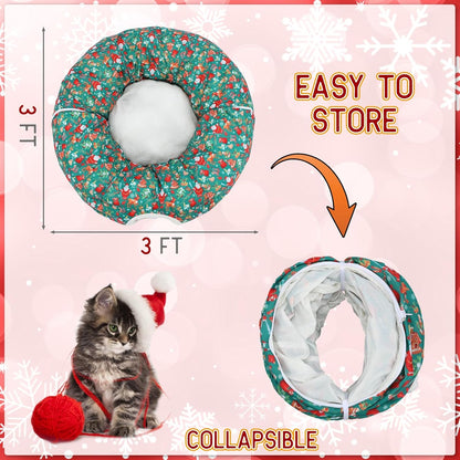 Christmas Cat Tunnel Bed for Indoor Cats Under Christmas Tree Skirt Tube with Hanging Ball Plush Cat Cave, Washable Holiday Pet Gift Toy & Gift for Kittens(Santa)