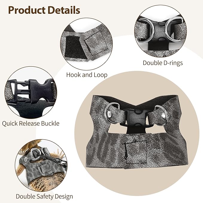 AIITLE 3 Pack Adjustable Bearded Dragon Harness and Leash Set - Leopard Print, Comfort Soft Leather Vest for Lizards, Iguanas, Guinea Pigs, Outdoor Walking & Camping, Grey