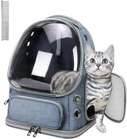 Cat Carrier with Groomer, Breathable Cat Bubble Carrier for Cats or Small Dogs up to 20 lbs, Collapsible Airline Approved, Clear Cat Travel Backpack (Blue)