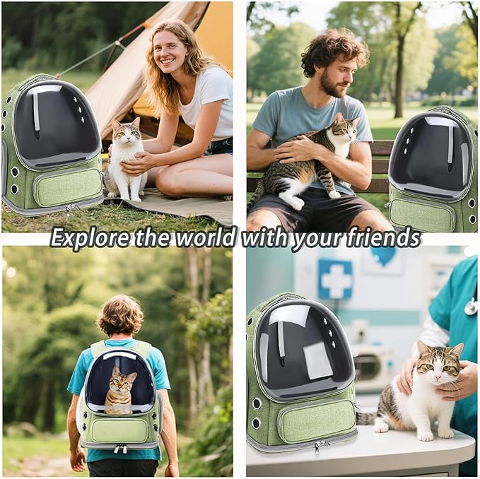 Cat Carrier with Groomer, Breathable Cat Bubble Carrier for Cats or Small Dogs up to 20 lbs, Collapsible Airline Approved, Clear Cat Travel Backpack (Green)
