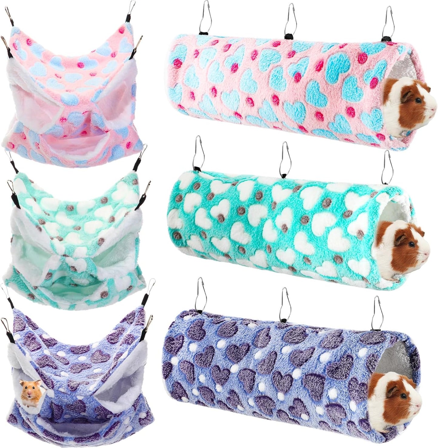 Sweetude 6 Pcs Rat Hammock Set Ferret Hanging Tunnel 3 Tier Guinea Pig Hammocks Hideout Soft Chinchilla Bed for Cage Accessories Hide,Play and Sleep(Lovely,Heart)