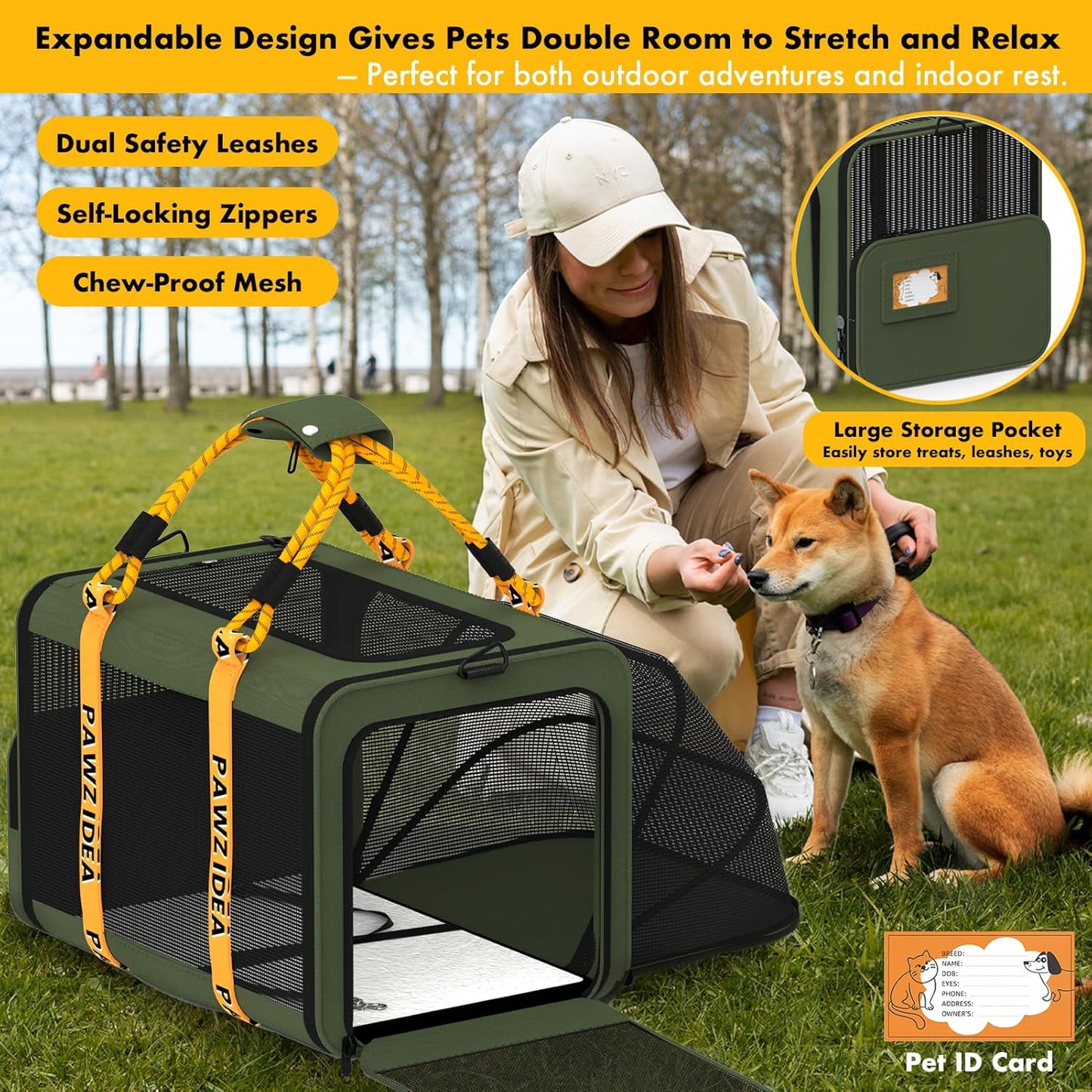 PAWZIDEA Large Pet Carrier Expandable, 24"×16"×16" Soft-Sided Cat Carrier for 2–4 Cats up 55lb, Portable & Collapsible Small Medium Dog Travel Crate for Car, XL Storage Pocket, ID Card, Shoulder Strap