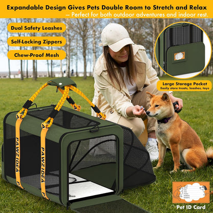 PAWZIDEA Large Pet Carrier Expandable, 24"×16"×16" Soft-Sided Cat Carrier for 2–4 Cats up 55lb, Portable & Collapsible Small Medium Dog Travel Crate for Car, XL Storage Pocket, ID Card, Shoulder Strap