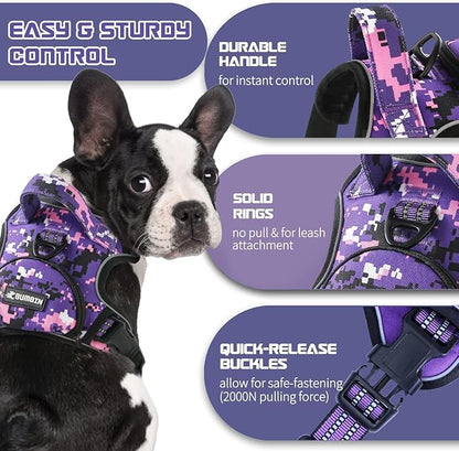No Pull Dog Harness for Large Dogs, Adjustable No Choke Pet Vest with Dog Leash Fit Smart Reflective Pet Walking Harness for Training Easy Control Soft Handle Purple Camo L