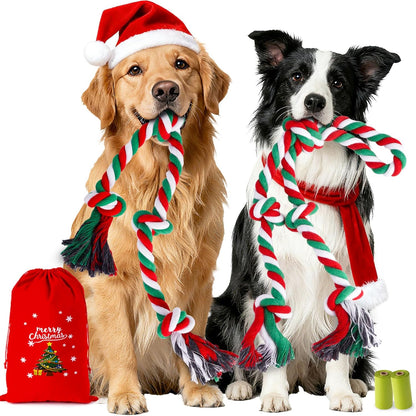Heavy Duty Christmas Dog Rope Toys for Aggressive Chewers- Tough Tug of War & Chew Toys for Large, Medium & Small Dogs, 5 Pack Including 2 Ropes & 3 Supplies