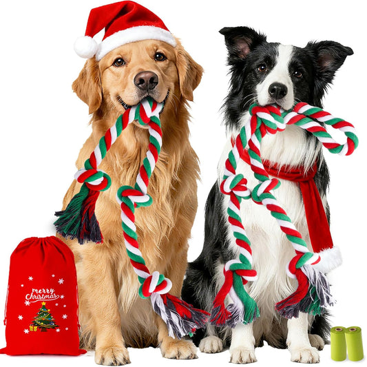 Heavy Duty Christmas Dog Rope Toys for Aggressive Chewers- Tough Tug of War & Chew Toys for Large, Medium & Small Dogs, 5 Pack Including 2 Ropes & 3 Supplies