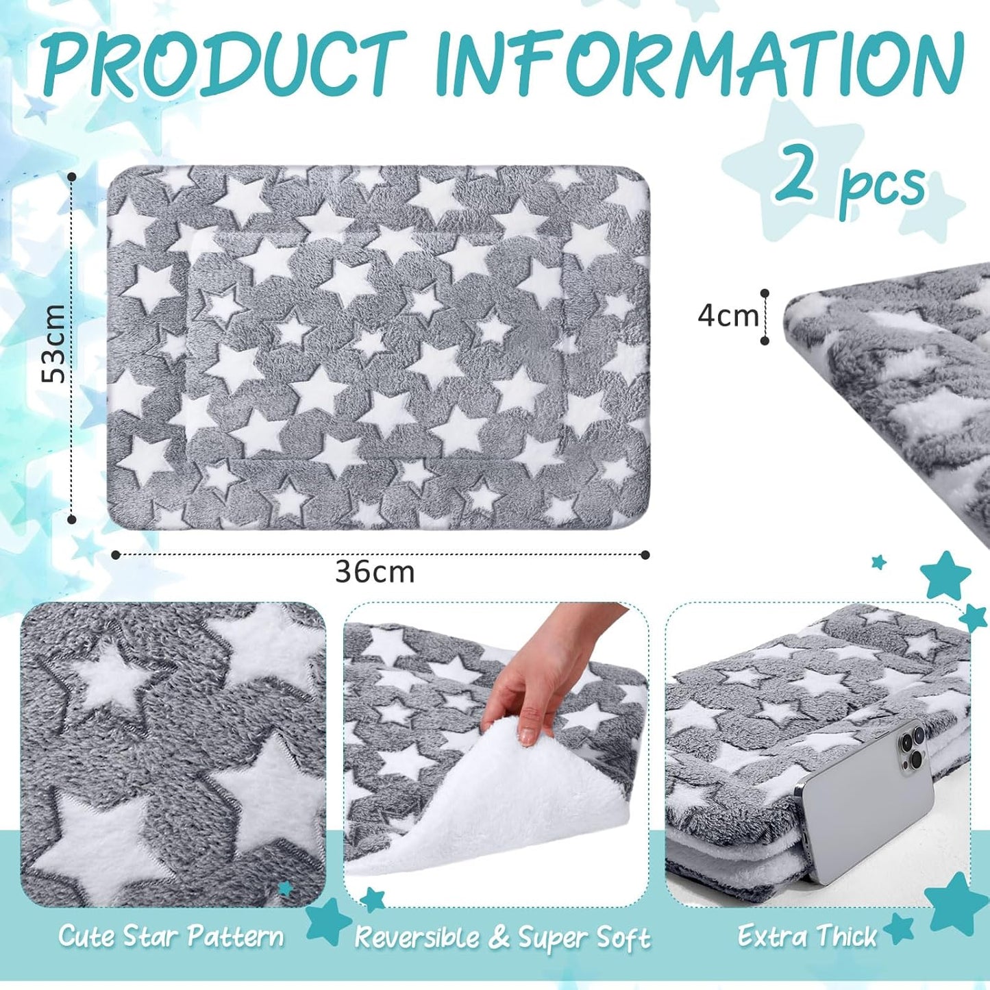 VitalCozy 2 Pack Self Warming Cat Mat Self Heating Pad Bed Reversible Machine Washable Reflects Body Heat Warm Thermal Pet Pad Crate Blanket for Feral and Indoor Cat(Star,21" X 14")