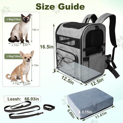 Dog Carrier Backpack for Small Dogs – Breathable and Comfortable Pet Travel Bag with, Safety Buckle and Adjustable Straps, Ideal for Hiking and Outdoor Adventures, Elevated Pad, Gray