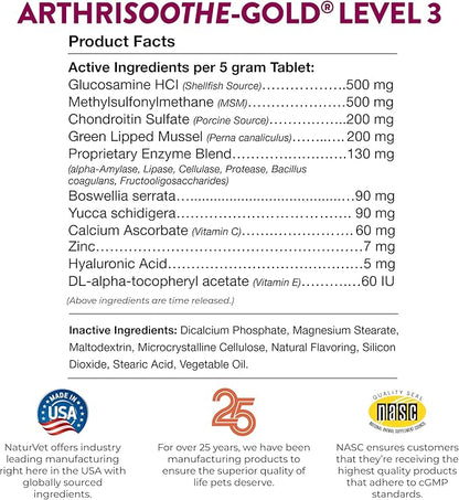 NaturVet – ArthriSoothe-GOLD – Level 3 Advanced Joint Care | Clinically Tested to Support Connective Tissue, Cartilage Health & Joint Movement | Enhanced with Glucosamine, MSM, Chondroitin & Green Lipped Mussel | For Dogs & Cats | 120 Chewable Tablets
