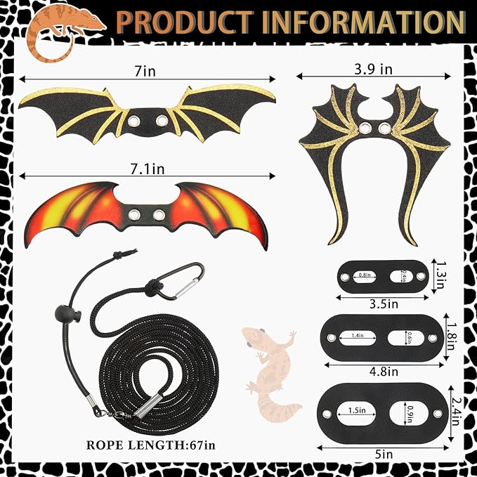 Bearded Dragon Leash and Harness Set 3 Size Pack Adjustable Cool Leather Lizard Leash with Dinosaur Wings for Reptile Safety Walking Accessories, Black