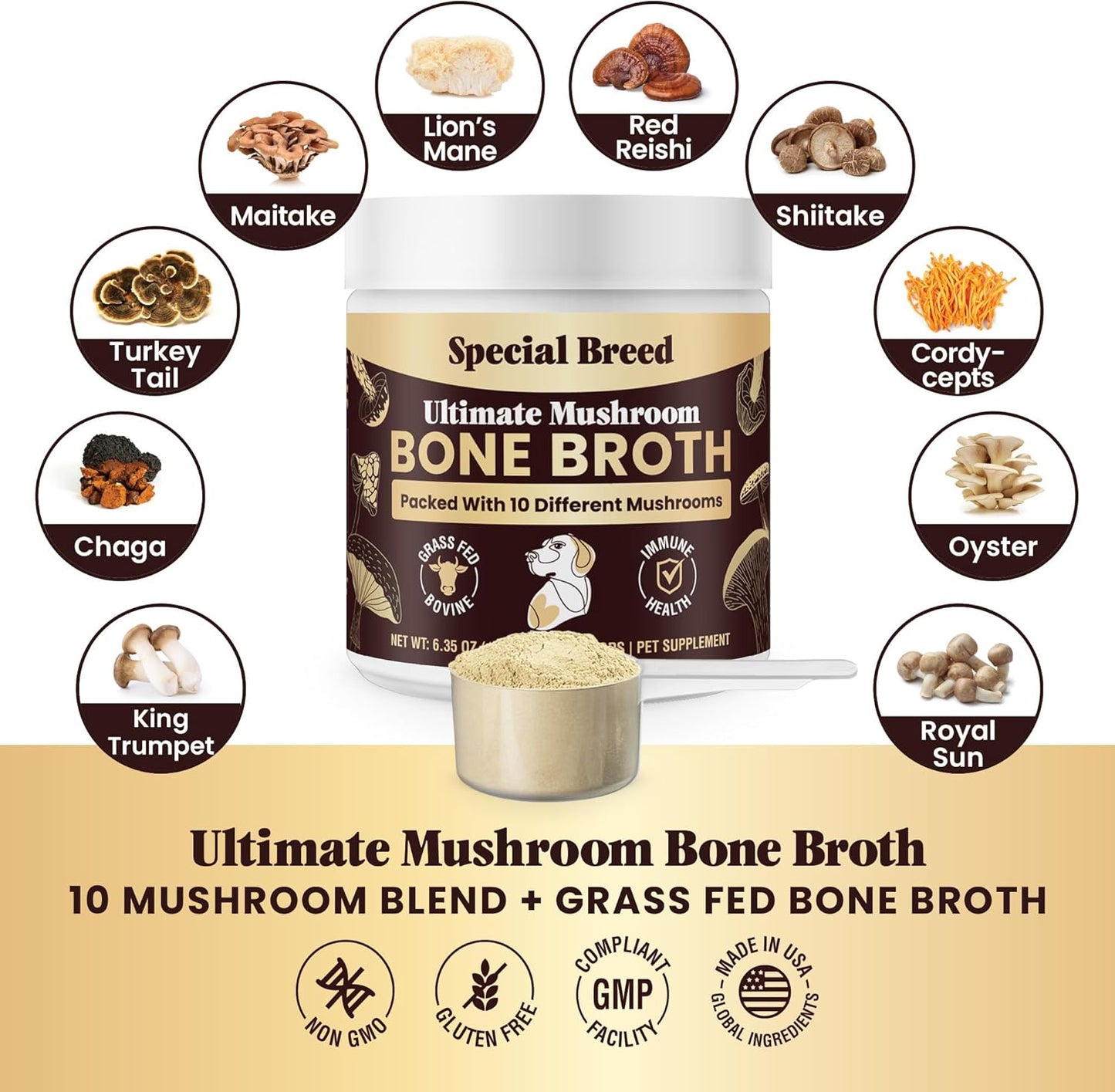 Beef Bone Broth for Dogs - Dog Bone Broth Powder with Ten Organic Mushrooms - High Protein + Ten Mushroom Supplement for Joint Flexibility, Immune Support, Cognition, Vitality, Hydration - 180 Scoops