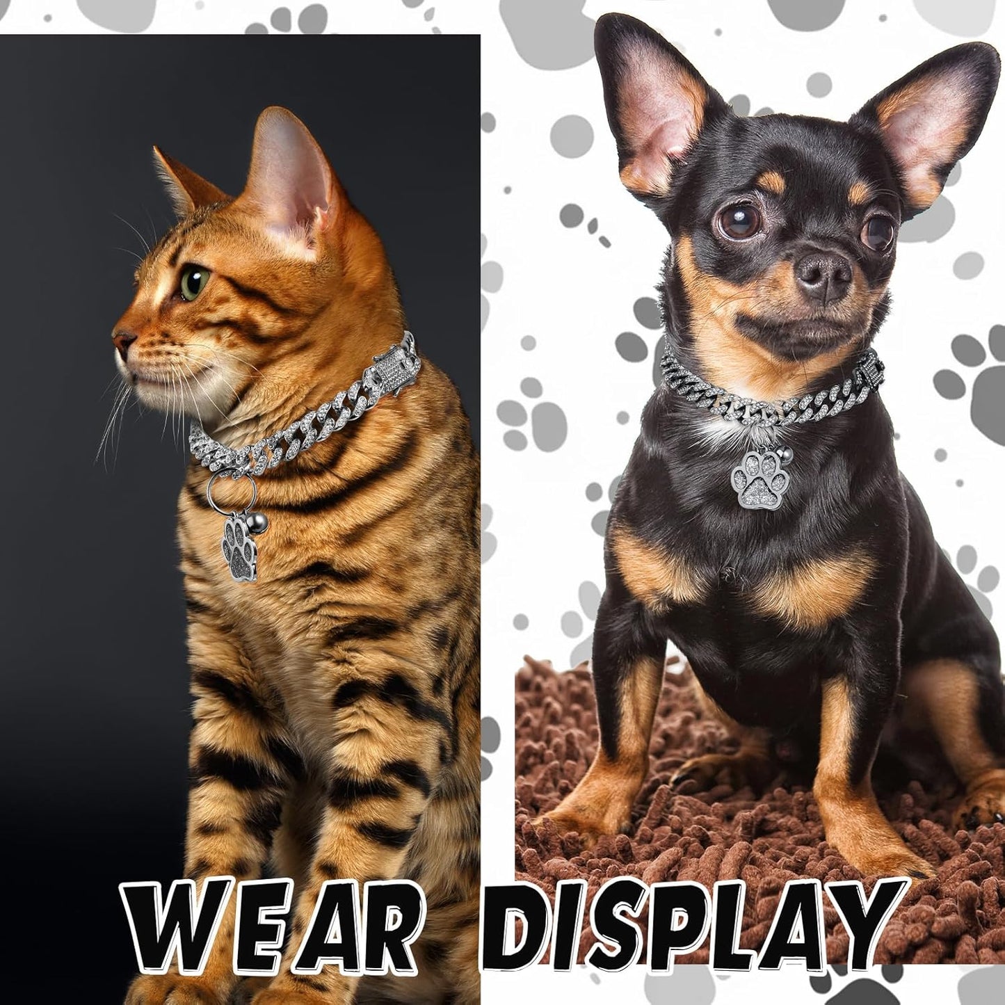 Hillban Cat Collar Diamond Chain Glitter Collar Walking Metal with Secure Buckle Cat Pet Necklace with Paw Charm and ID Tag Bell Link Cuban Jewelry Accessories(10 Inch,Steel Black, White)