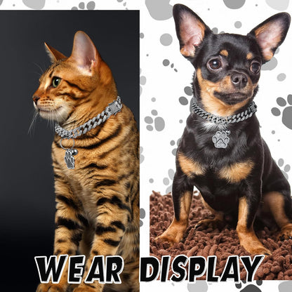Hillban Cat Collar Diamond Chain Glitter Collar Walking Metal with Secure Buckle Cat Pet Necklace with Paw Charm and ID Tag Bell Link Cuban Jewelry Accessories(8 Inch,Steel Black, White)
